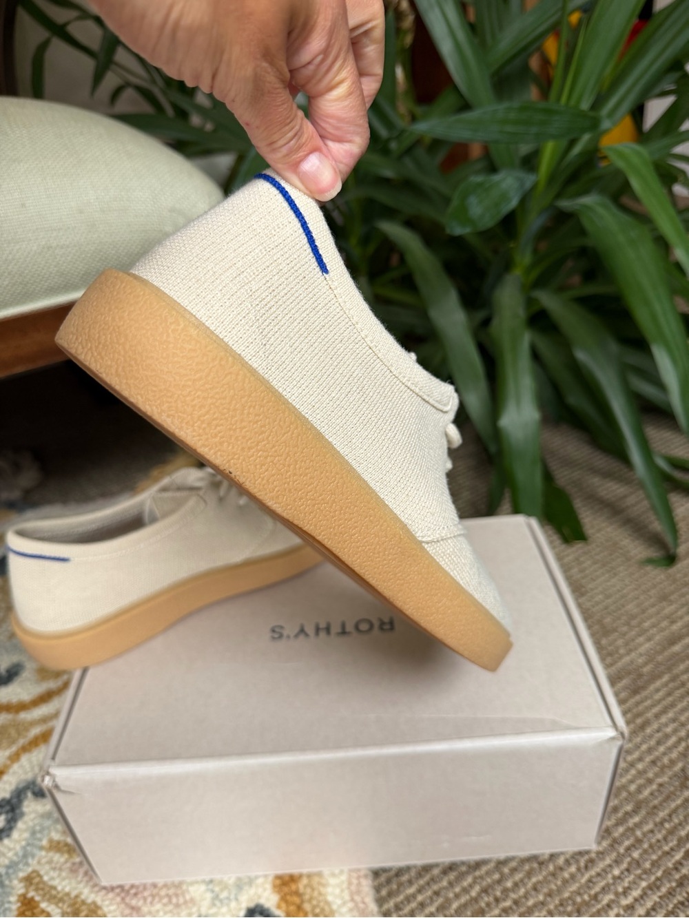Rothy's Men's Cream Knit Sneaker with Gum Sole and Blue Heel Stitch